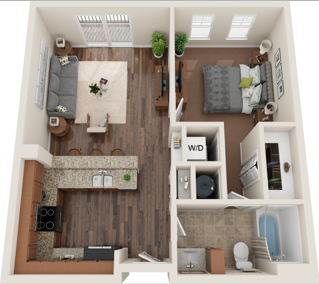 Floor plan for 1 bed, 1 bath, 653 sqft